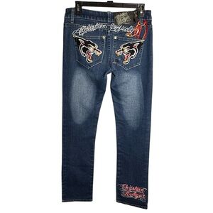 VTG Christian Audigier Jeans Sz 28 Embroidered Panther Ed Hardy McBling Y2K Slim